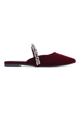 VELVET CRYSTAL STRAP FLAT MULE-MAROON
