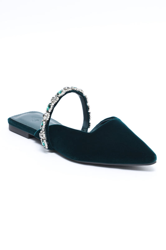 VELVET CRYSTAL STRAP FLAT MULE-TEAL