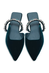 VELVET CRYSTAL STRAP FLAT MULE-TEAL