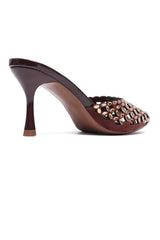 Embellished Stiletto Mules - BROWN