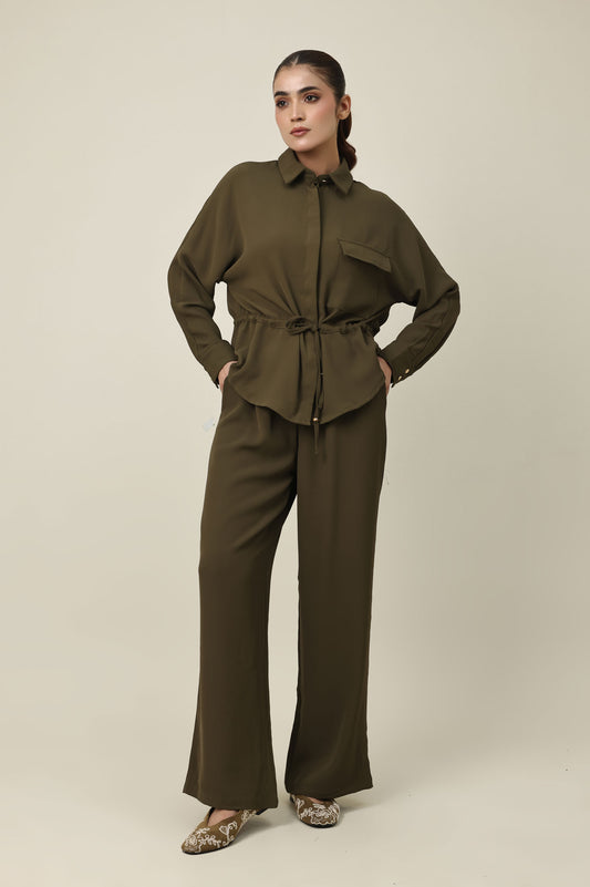 EVERLINE TIED CO-ORD SET-DK/OLIVE