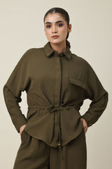 EVERLINE TIED CO-ORD SET-DK/OLIVE