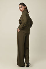 EVERLINE TIED CO-ORD SET-DK/OLIVE