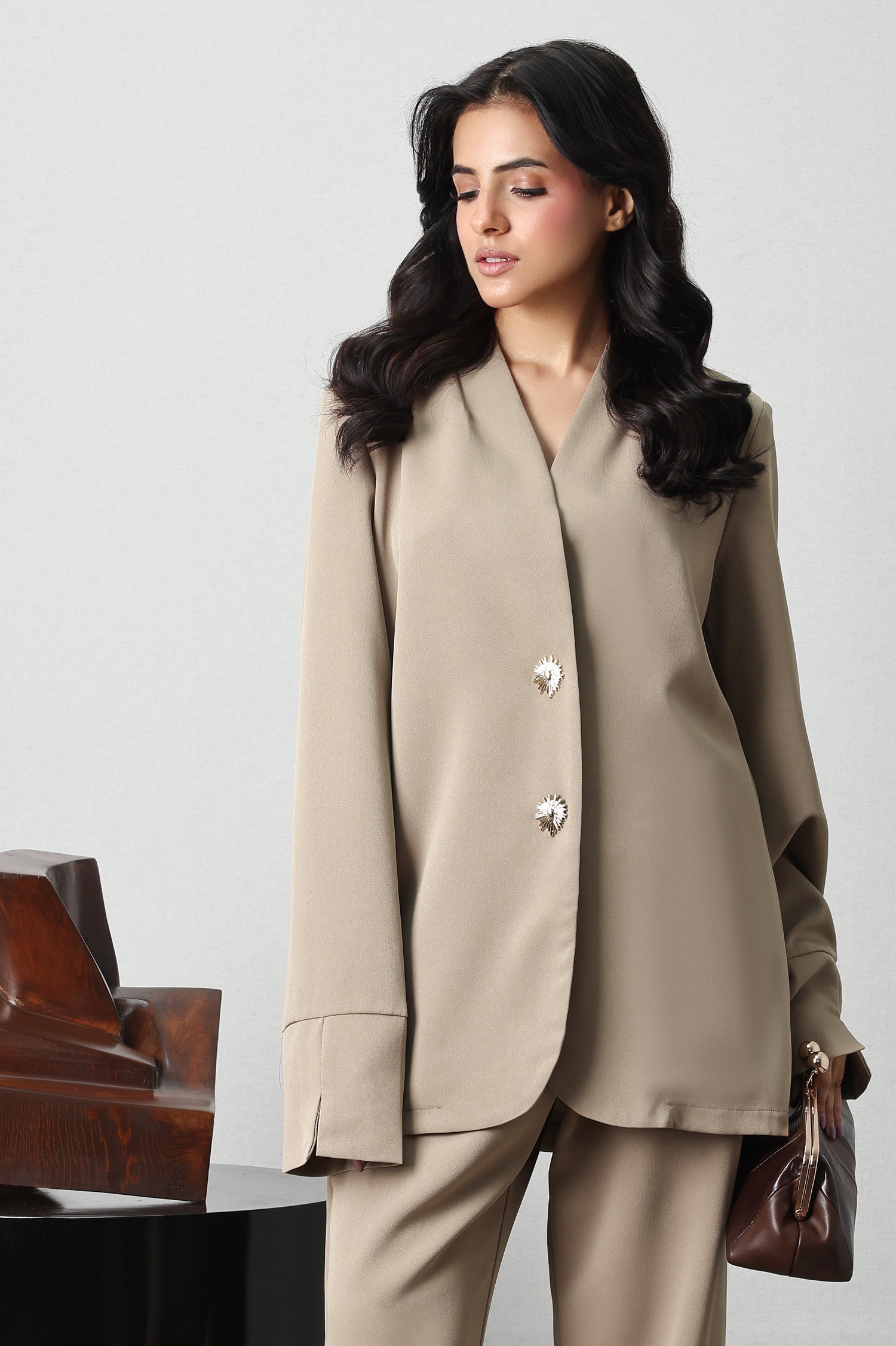 SUNBURST BUTTON BLAZER SET-BEIGE
