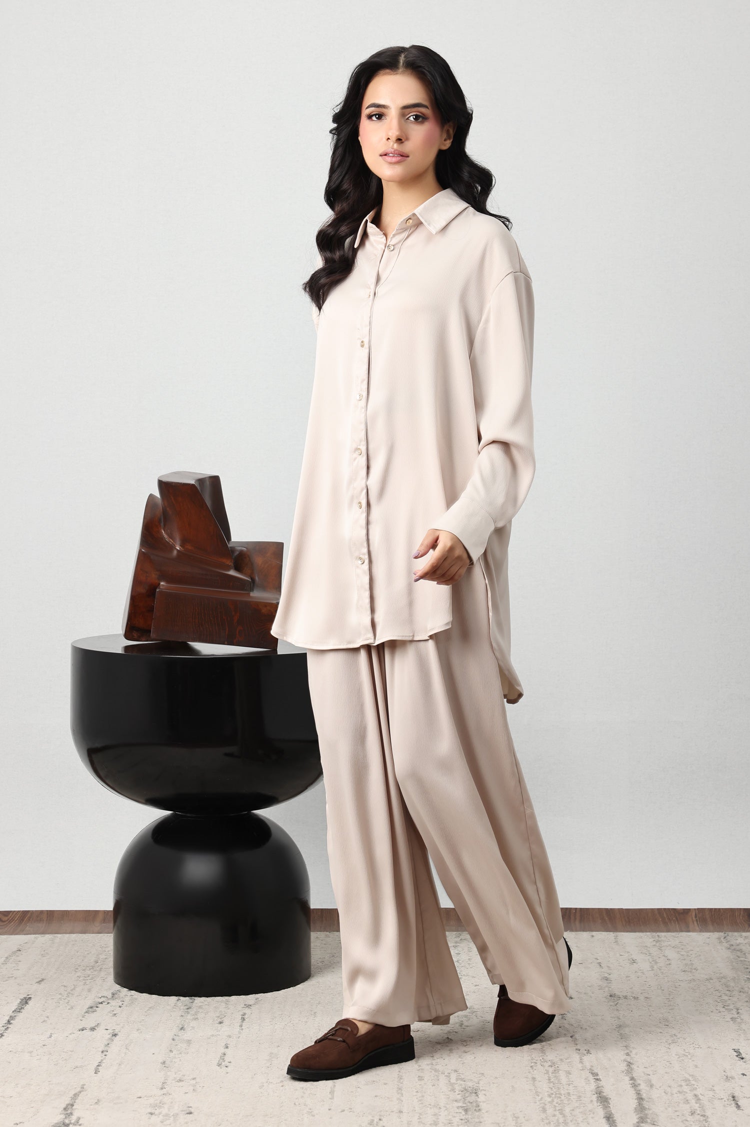 SILKEN CRINKLE SATIN CO-ORD SET-BEIGE