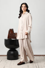 SILKEN CRINKLE SATIN CO-ORD SET-BEIGE
