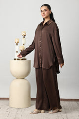 SILKEN CRINKLE SATIN CO-ORD SET-CHOCO