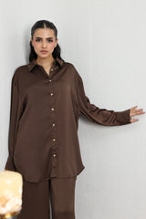 SILKEN CRINKLE SATIN CO-ORD SET-CHOCO