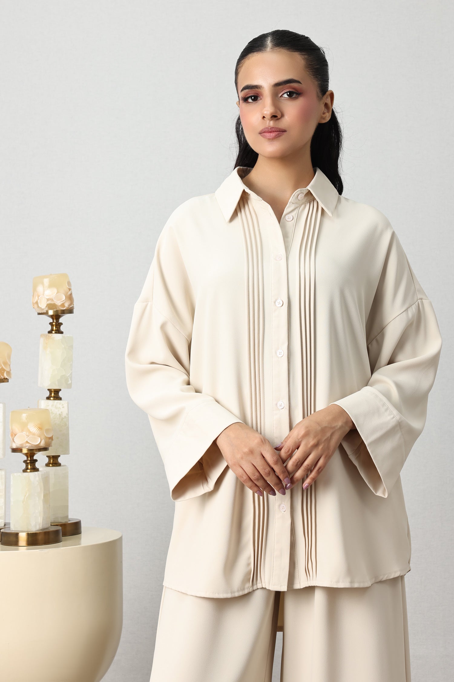 PINTUCK PLEAT CO-ORD SET-BEIGE