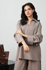 TEXTURED JOHNNY COLLAR CO-ORD SET-KHAKI