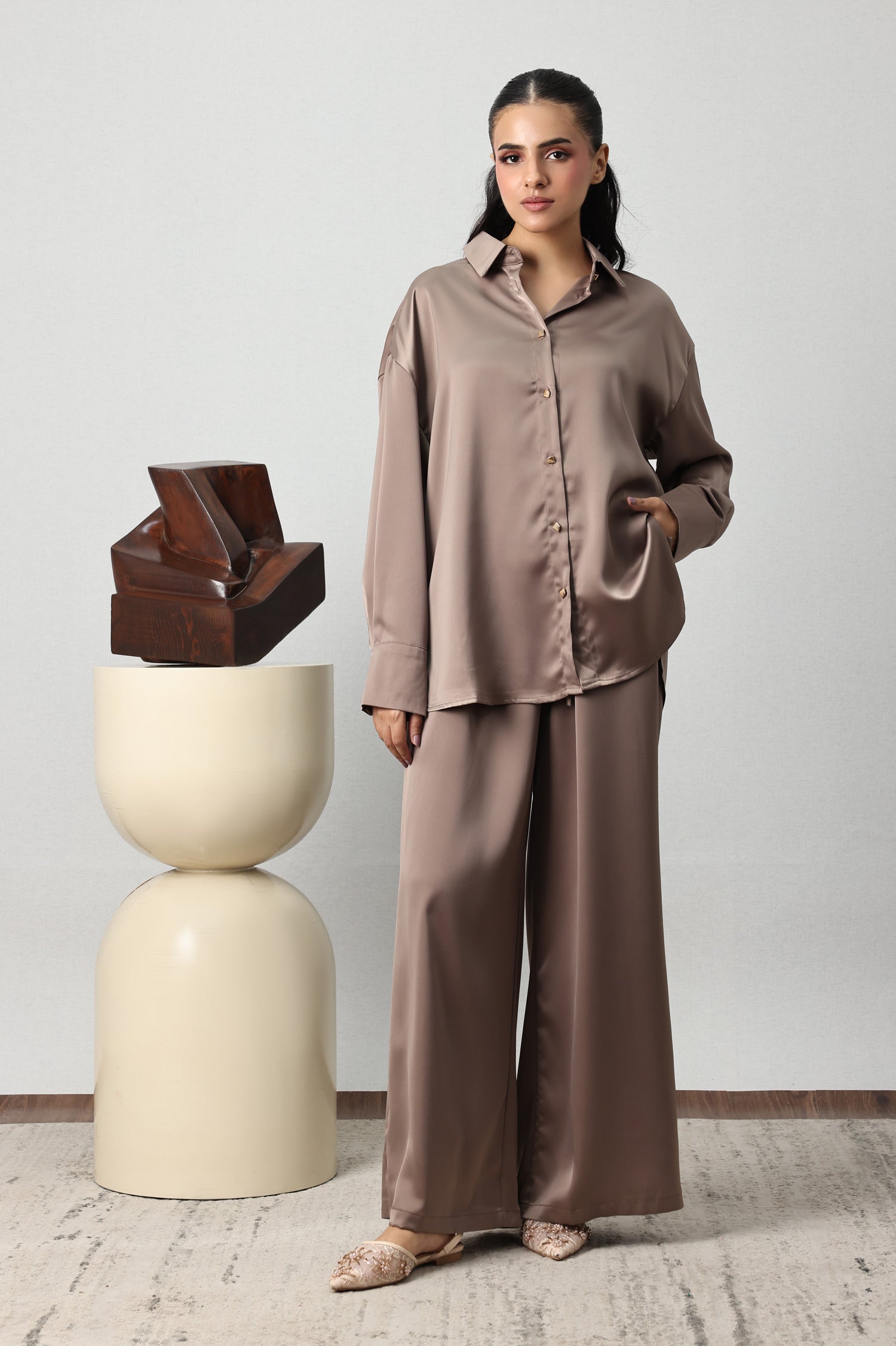 GOLD BUTTON SATIN CO-ORD SET-KHAKI