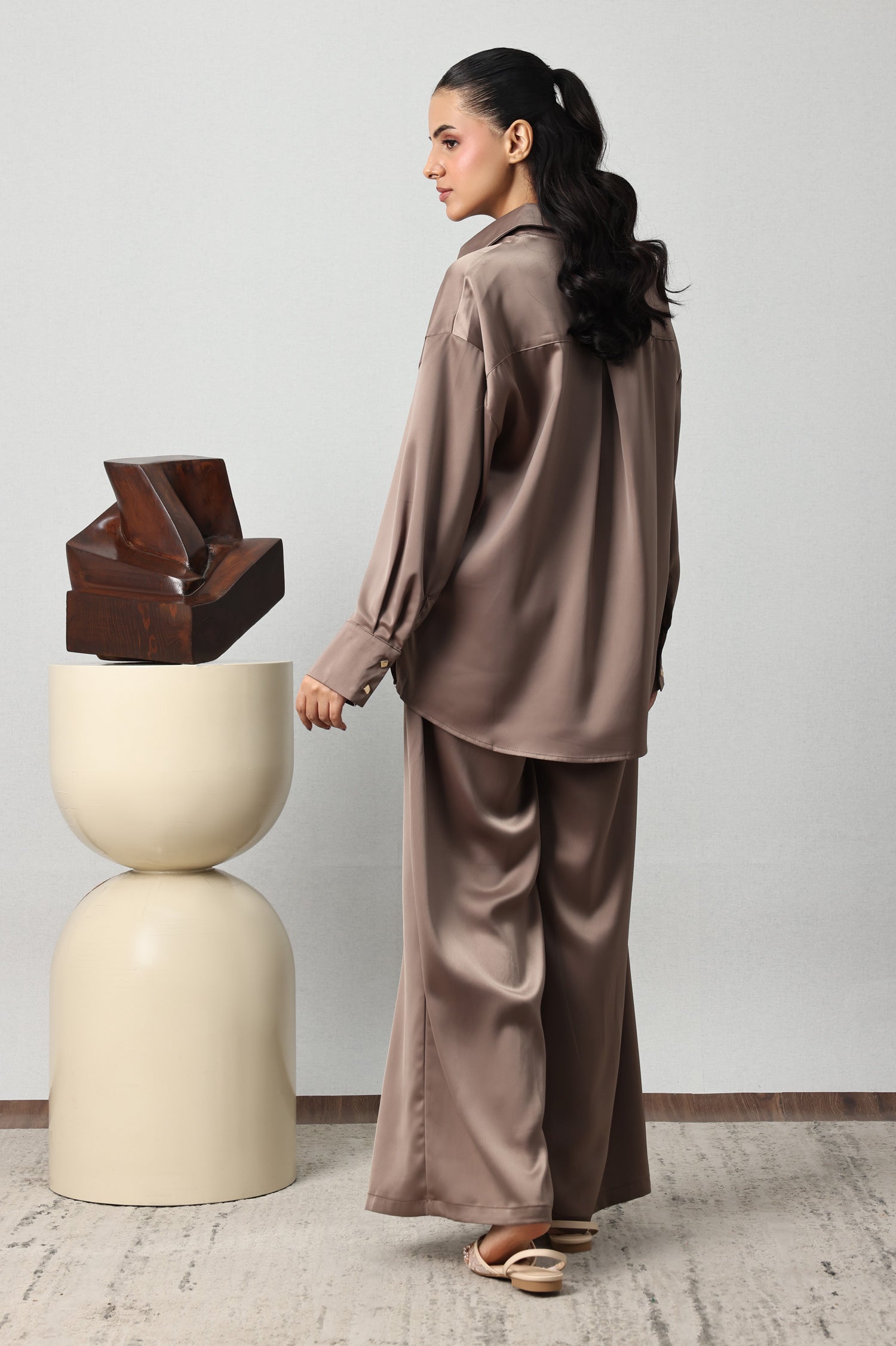 GOLD BUTTON SATIN CO-ORD SET-KHAKI