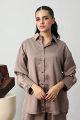 GOLD BUTTON SATIN CO-ORD SET-KHAKI