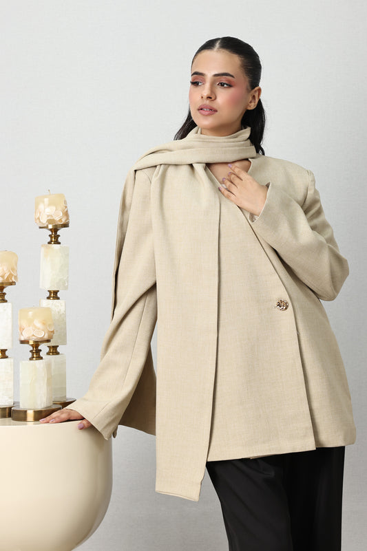 SCARF-NECK SHORT COAT-BEIGE