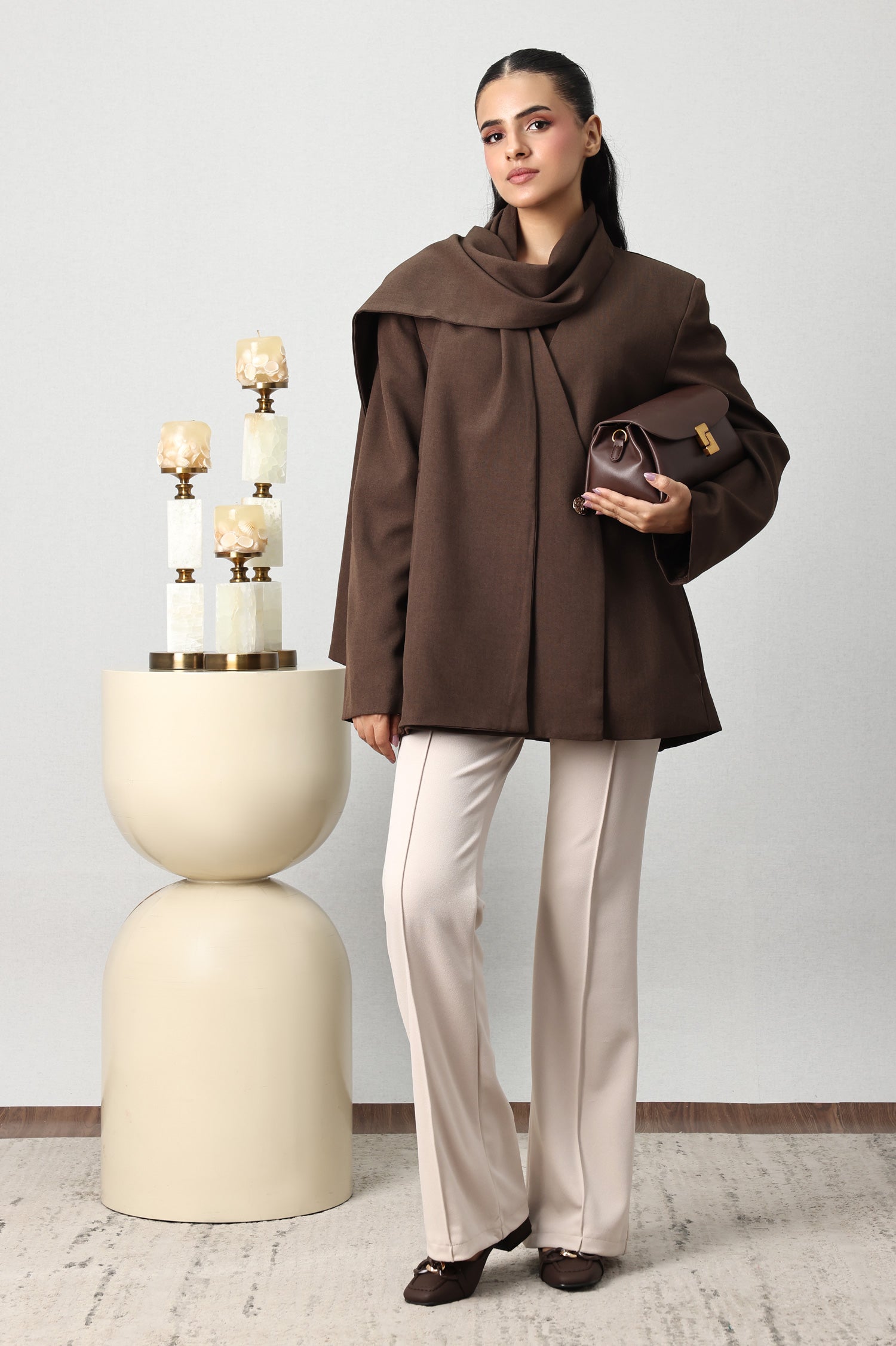 SCARF-NECK SHORT COAT-COFFEE