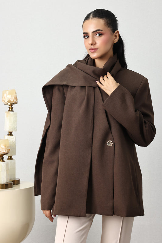 SCARF-NECK SHORT COAT-COFFEE