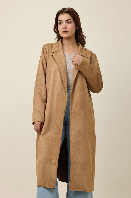 SUEDE TRACE LONG COAT-BROWN