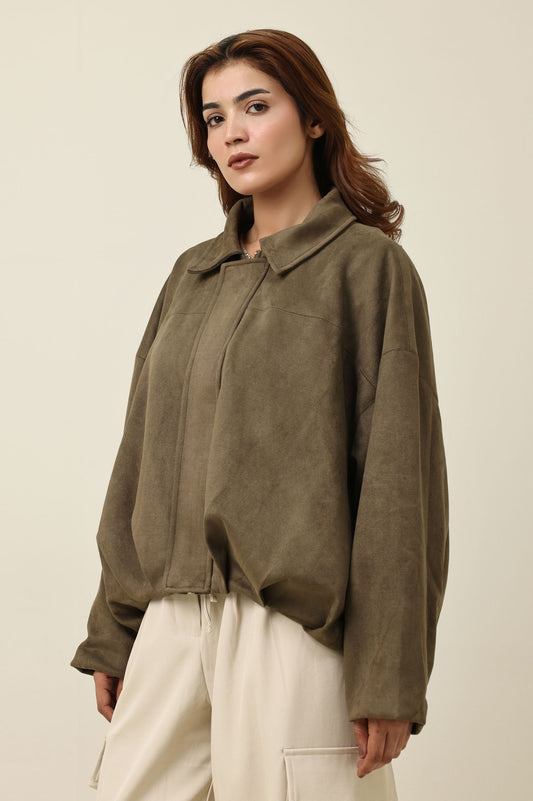 BALLOON-DRAPE SUEDE JACKET-GREEN