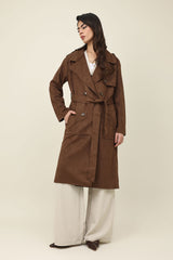FLAP BELTED TRENCH COAT-CHOCOLATE