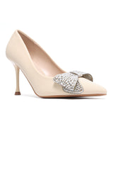 CRYSTAL BOW STILETTO PUMP-BEIGE