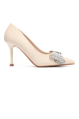 CRYSTAL BOW STILETTO PUMP-BEIGE