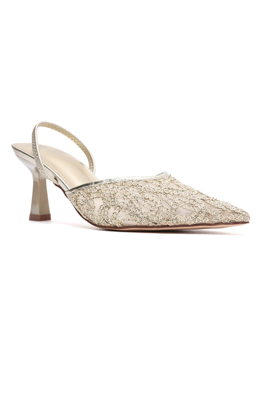 LACE EMBROIDERED SLINGBACK HEEL-LT-GOLD