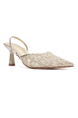 LACE EMBROIDERED SLINGBACK HEEL-LT-GOLD