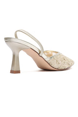 LACE EMBROIDERED SLINGBACK HEEL-LT-GOLD