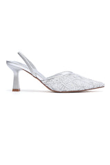 LACE EMBROIDERED SLINGBACK HEEL-SILVER