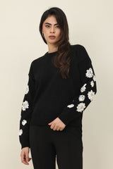 FLORAL APPLIQUÉ KNIT SWEATER-BLACK