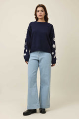 FLORAL APPLIQUÉ KNIT SWEATER-NAVY