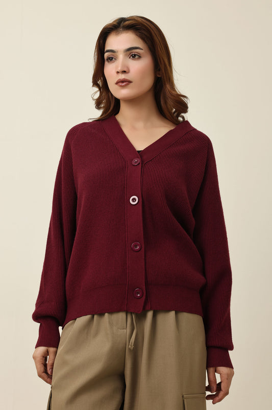 RELAXED V-NECK CARDIGAN-WINE/RED