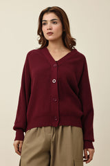 RELAXED V-NECK CARDIGAN-WINE/RED