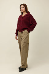 RELAXED V-NECK CARDIGAN-WINE/RED