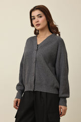 RELAXED V-NECK CARDIGAN-GREY