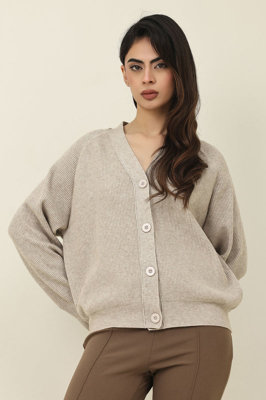 RELAXED V-NECK CARDIGAN-BEIGE