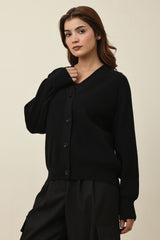 RELAXED V-NECK CARDIGAN-BLACK