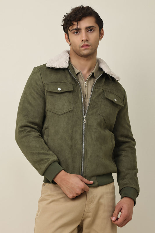 URBAN SUEDE JACKET WITH FUR COLLAR-OLIVE/GREEN