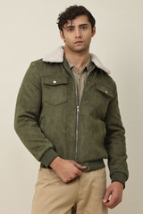 URBAN SUEDE JACKET WITH FUR COLLAR-OLIVE/GREEN
