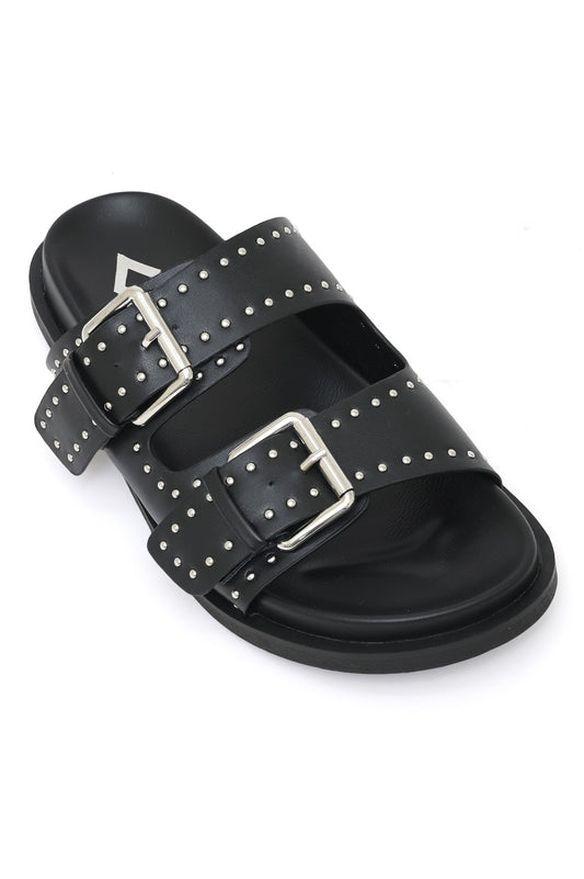 WILDLOCK LEOPARD STUDDED BUCKLE SANDAL-BLACK