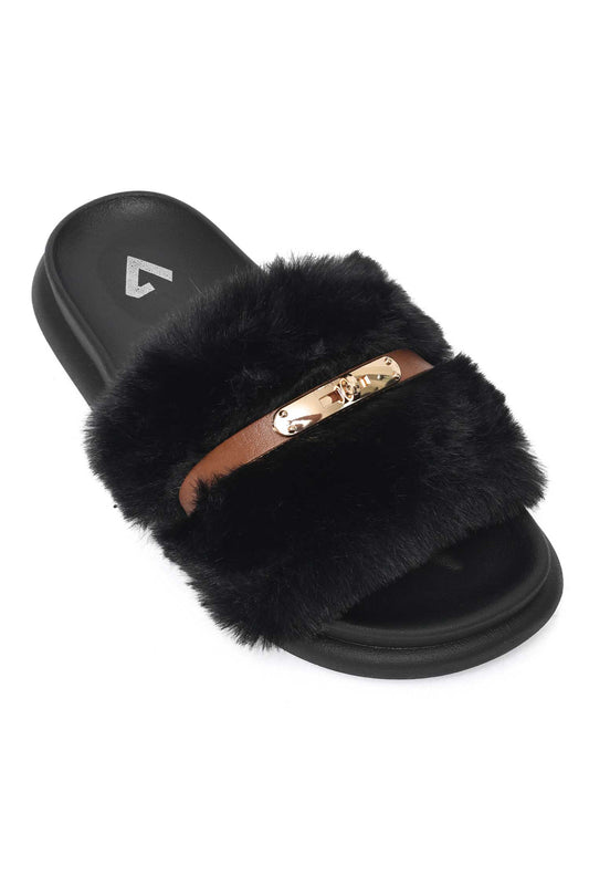 COMFORT AURA FUR SLIDE-BLACK