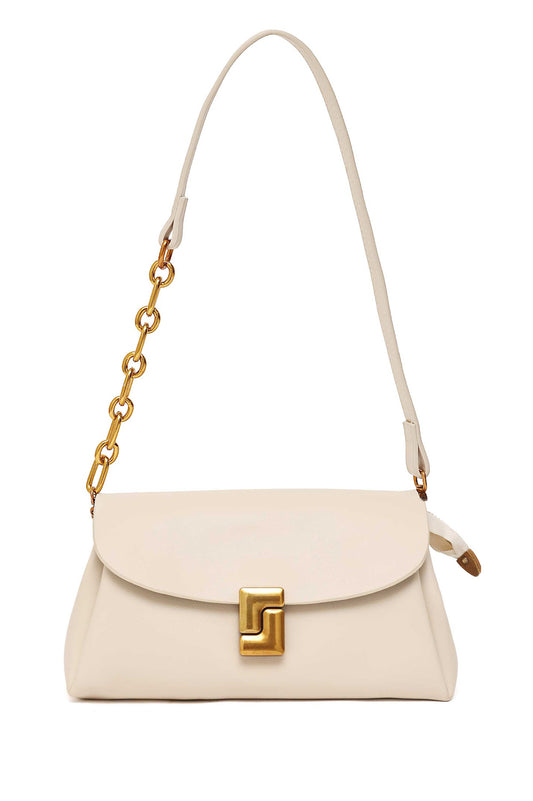 CHAIN ACCENT SHOULDER BAG-BEIGE