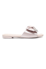 EMBELLISHED BOW FLAT SLIDES-BEIGE