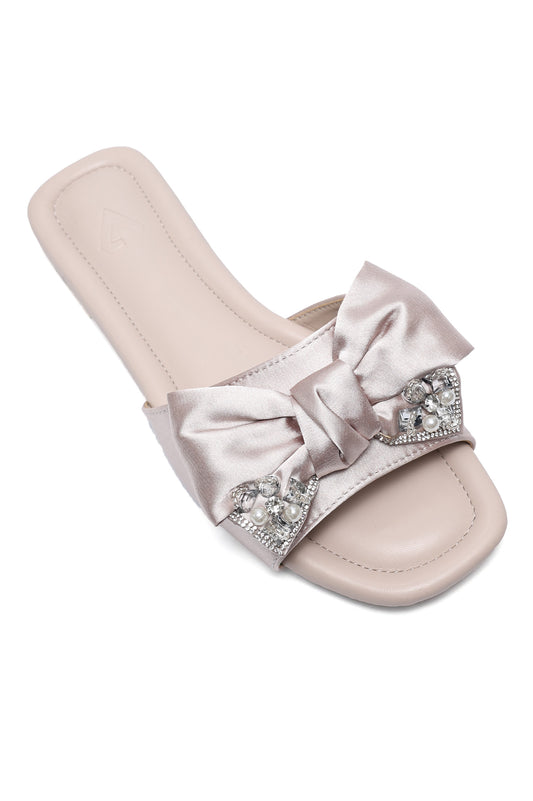 EMBELLISHED BOW FLAT SLIDES-BEIGE