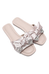 EMBELLISHED BOW FLAT SLIDES-BEIGE