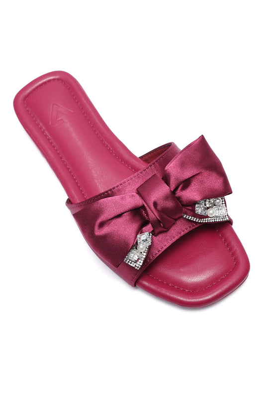 EMBELLISHED BOW FLAT SLIDES-BURGUNDY