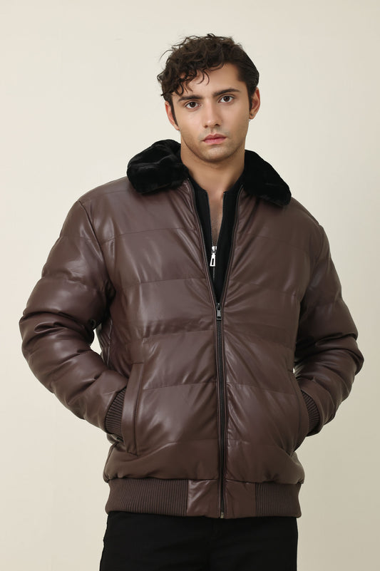 FUR COLLAR AVIATOR PUFFER-COFFEE