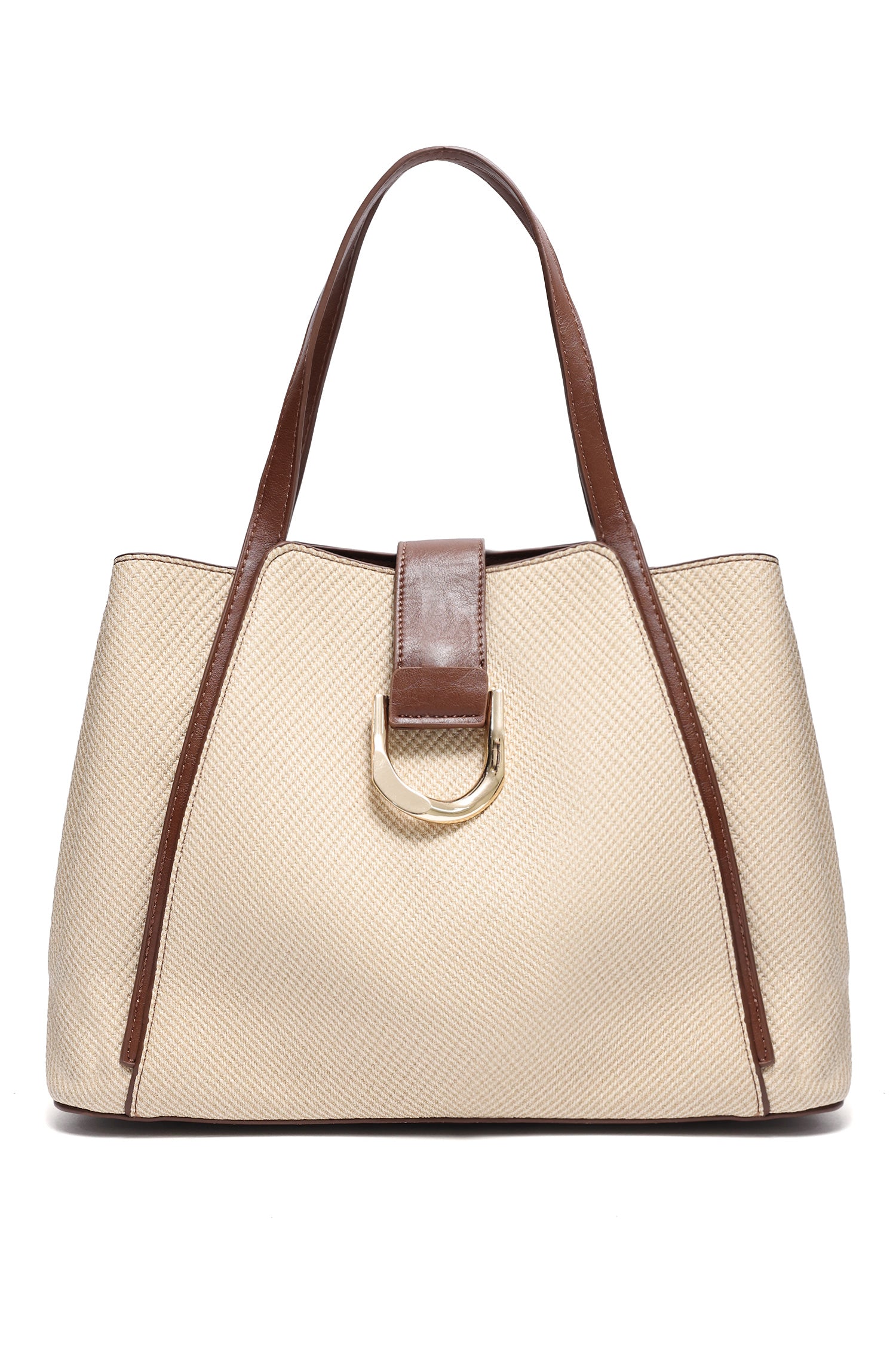 D-RING TEXTURED TOTE BAG-BEIGE/BROWN
