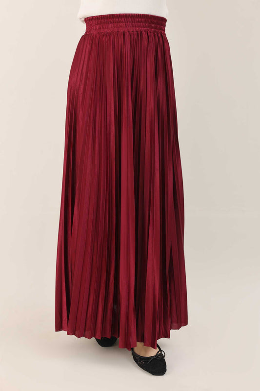 SATIN PLEATED MAXI SKIRT-MAROON