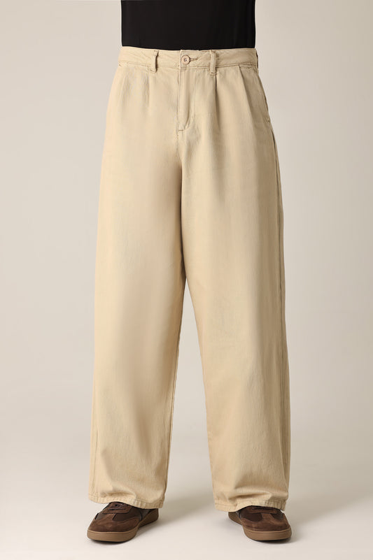 DOUBLE PLEAT WIDE TROUSER-KHAKI